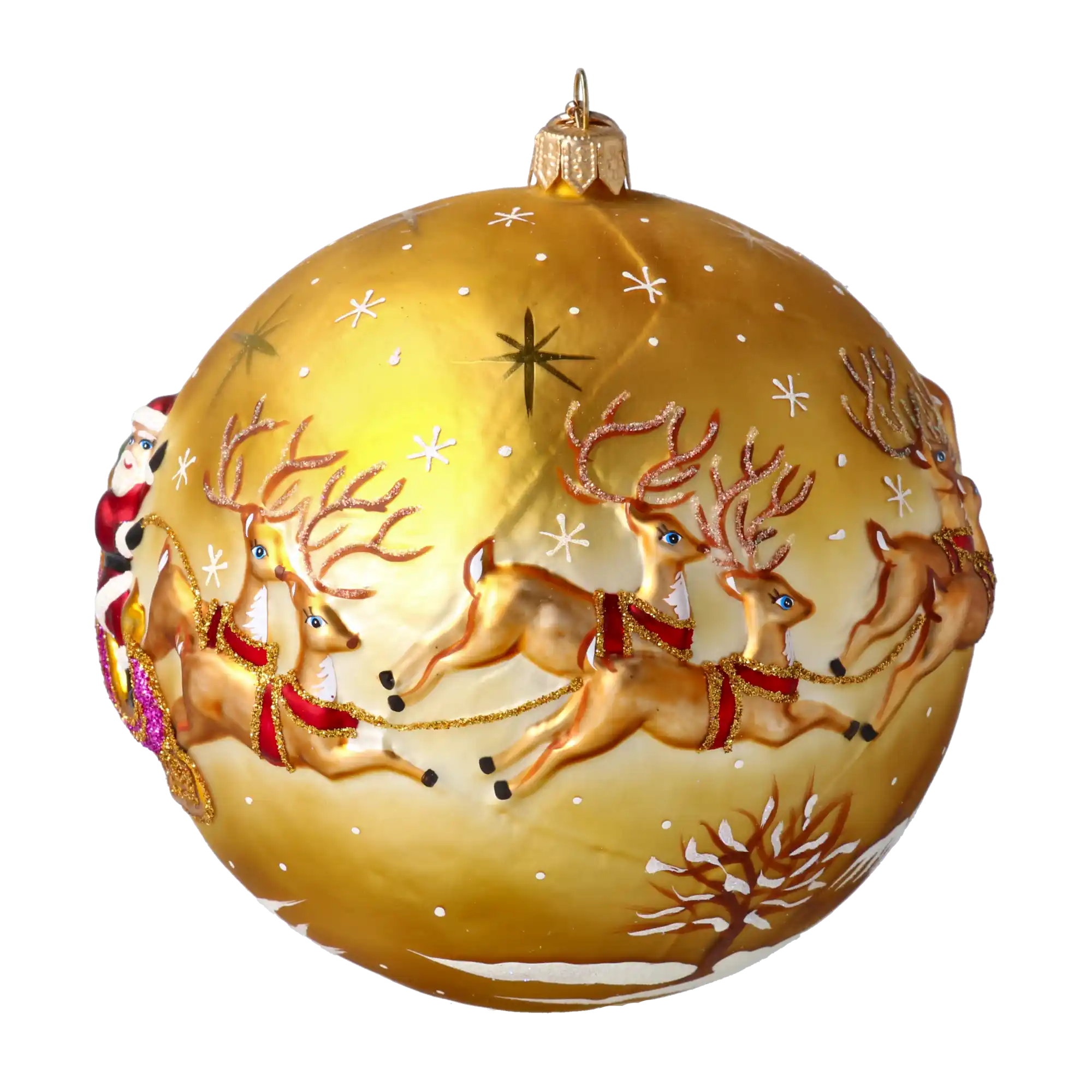 Złoty zaprzęg Mikołaja Z Reniferami Szklana Ozdoba