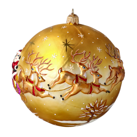 Złoty zaprzęg Mikołaja Z Reniferami Szklana Ozdoba