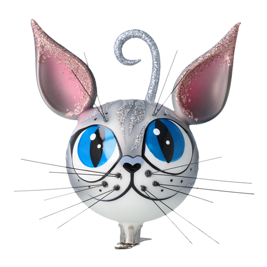 Magic Grey Cat. Handmade Glass Christmas ornament. 2021-002