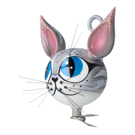 Magic Grey Cat. Handmade Glass Christmas ornament. 2021-002
