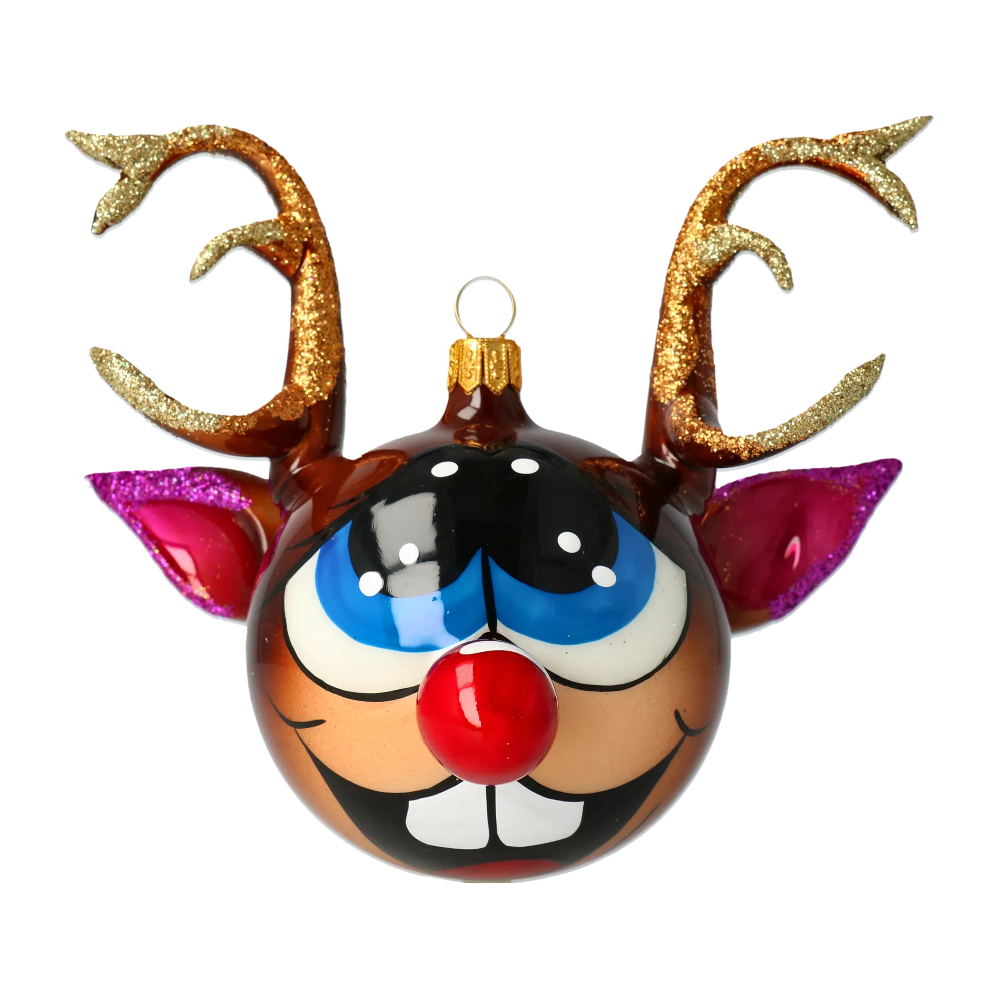Rudolph the Joyful Reindeer. Handmade Glass Christmas ornament. 2021-003