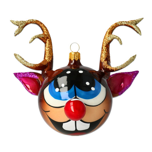 Rudolph the Joyful Reindeer. Handmade Glass Christmas ornament. 2021-003