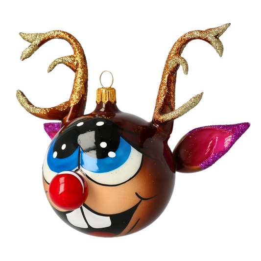 Rudolph the Joyful Reindeer. Handmade Glass Christmas ornament. 2021-003