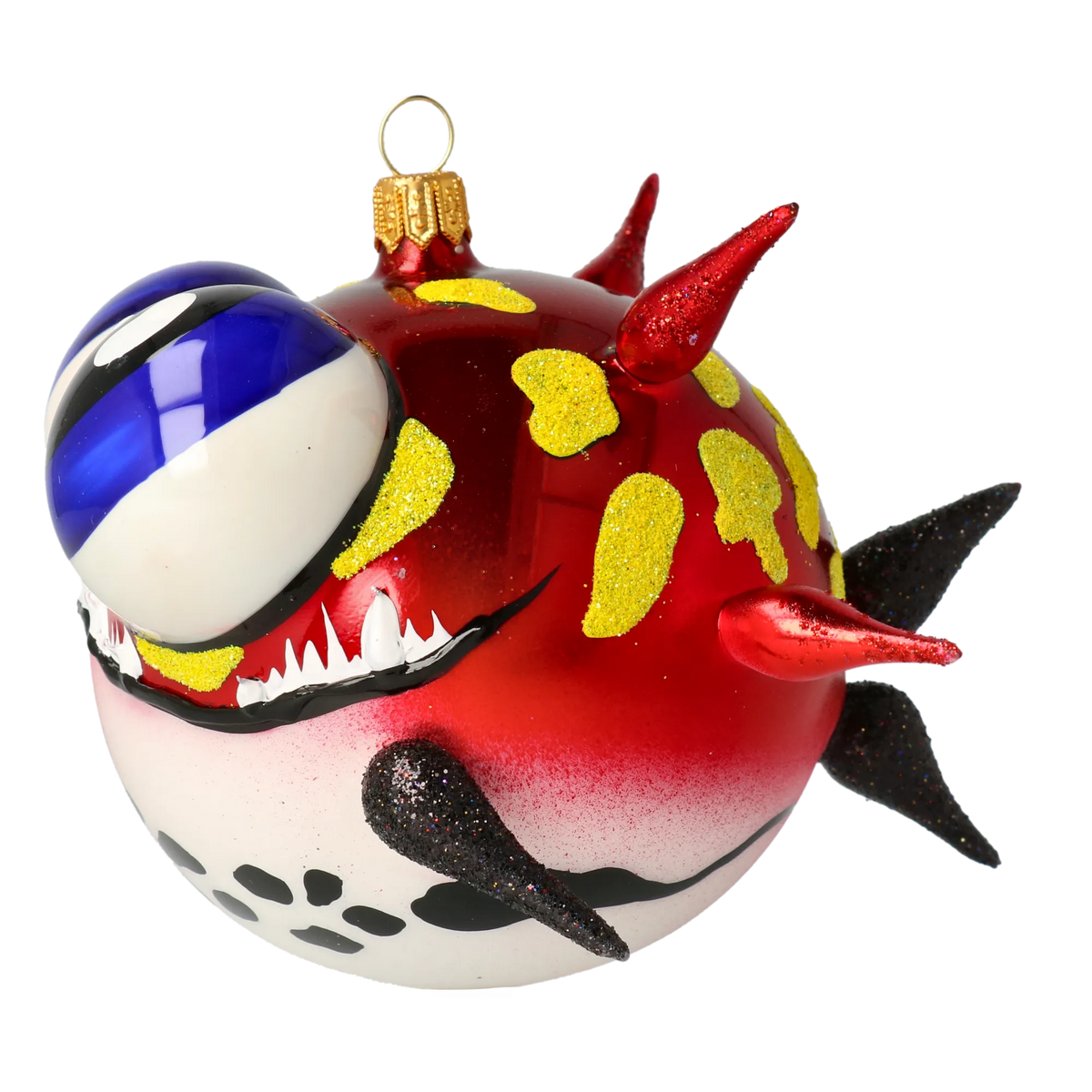 Spiky Pufferfish in Scarlet & Lemon | Hand-Painted Glass Ornament | Blubom 2021-034