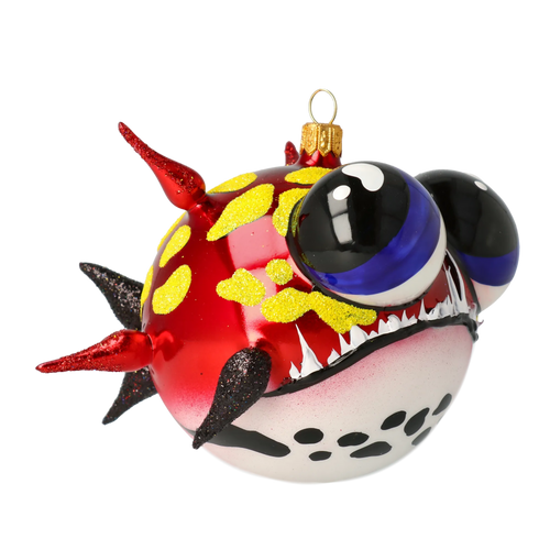 Spiky Pufferfish in Scarlet & Lemon | Hand-Painted Glass Ornament | Blubom 2021-034