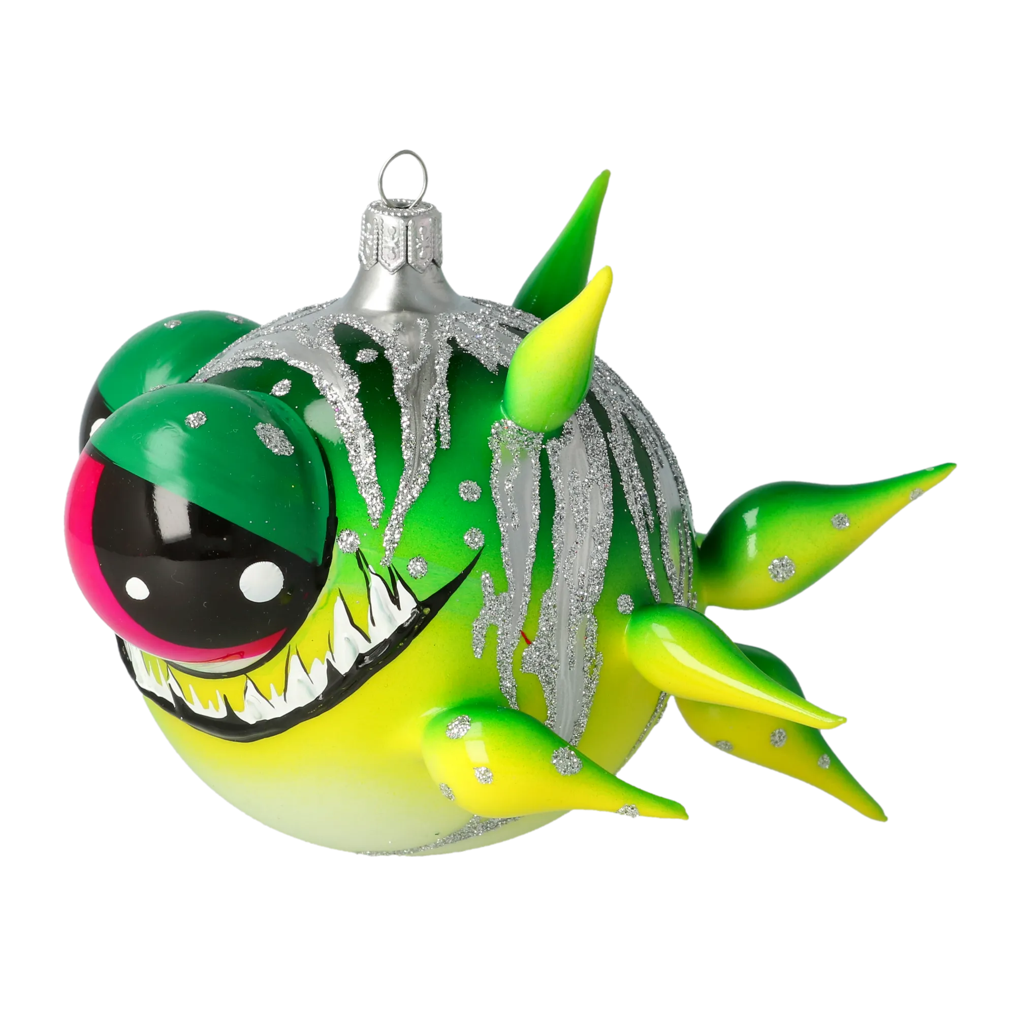 Green spiny fish. Handmade Glass Christmas ornament. 2021-039