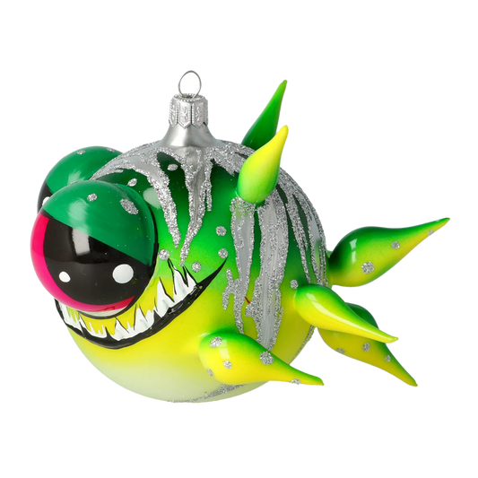 Green spiny fish. Handmade Glass Christmas ornament. 2021-039