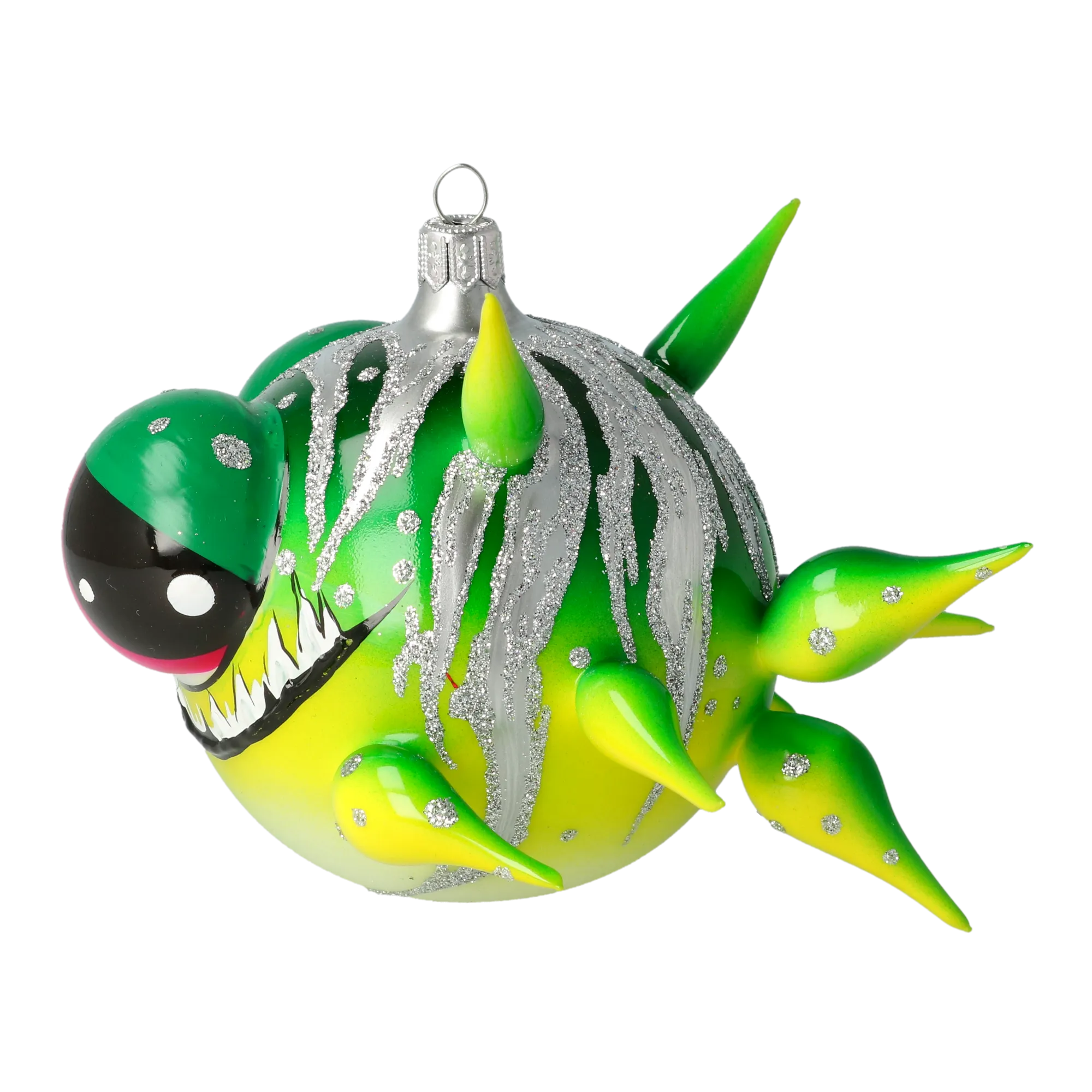 Green spiny fish. Handmade Glass Christmas ornament. 2021-039