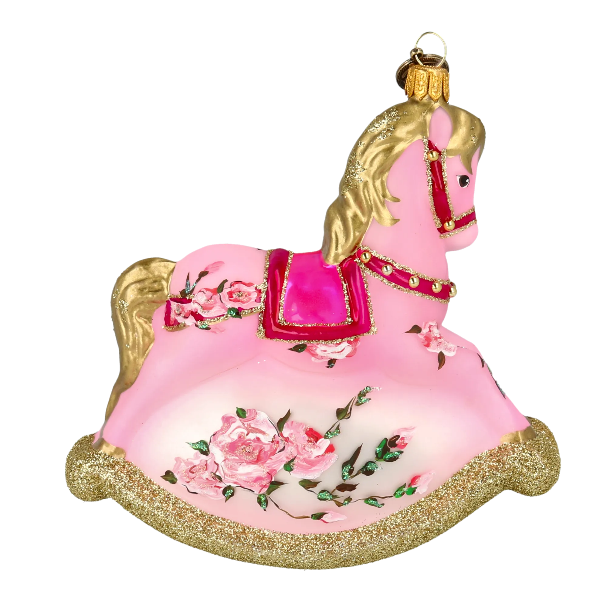 Pink Floral Rocking Horse Tree Handmade Glass Christmas ornament 2021-058