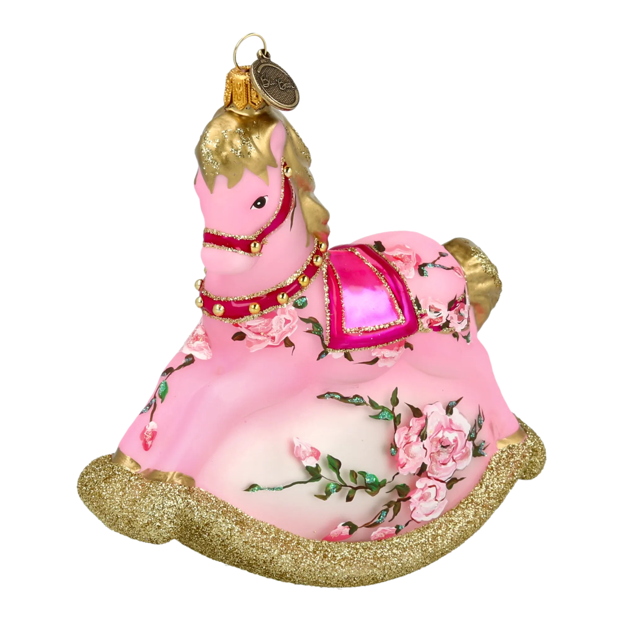Pink Floral Rocking Horse Tree Handmade Glass Christmas ornament 2021-058
