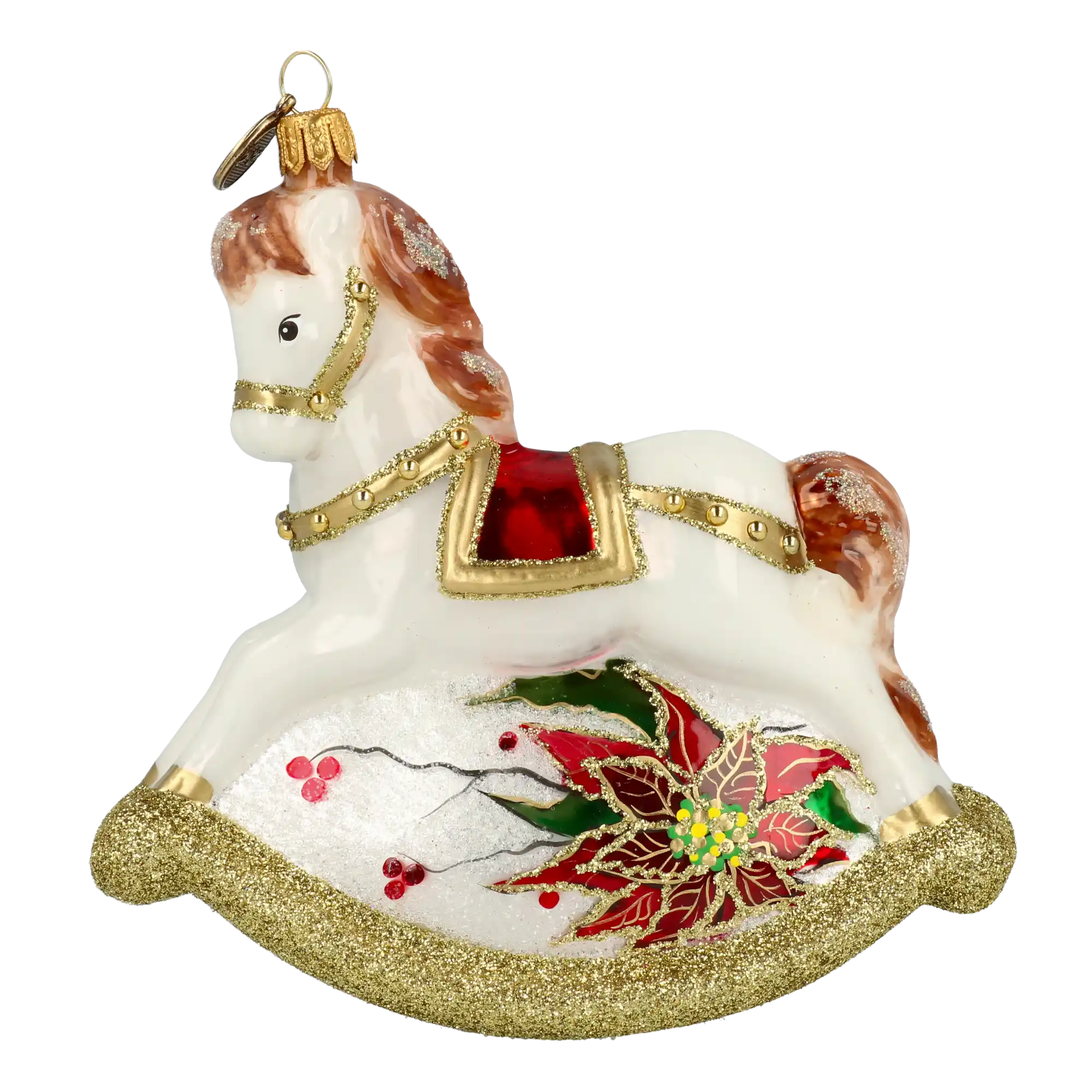 Złoty Kołyszący Się Koń Ozdoba Choinkowa ze Szkła Ręcznie Wykonana