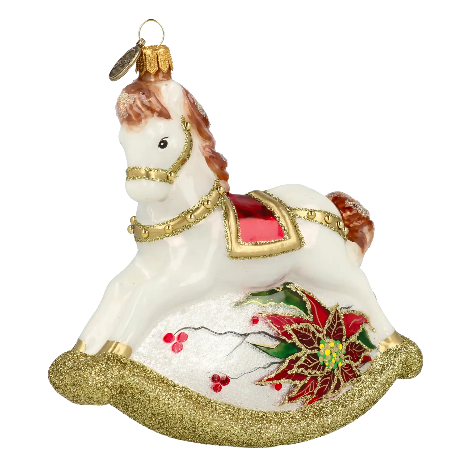 Złoty Kołyszący Się Koń Ozdoba Choinkowa ze Szkła Ręcznie Wykonana