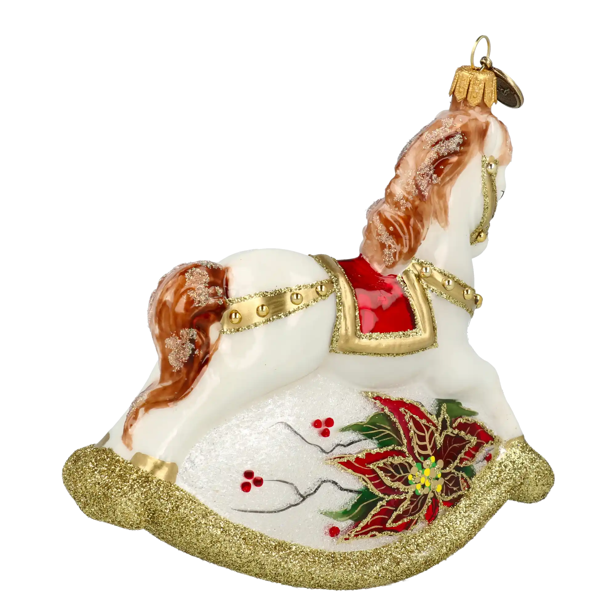 Złoty Kołyszący Się Koń Ozdoba Choinkowa ze Szkła Ręcznie Wykonana