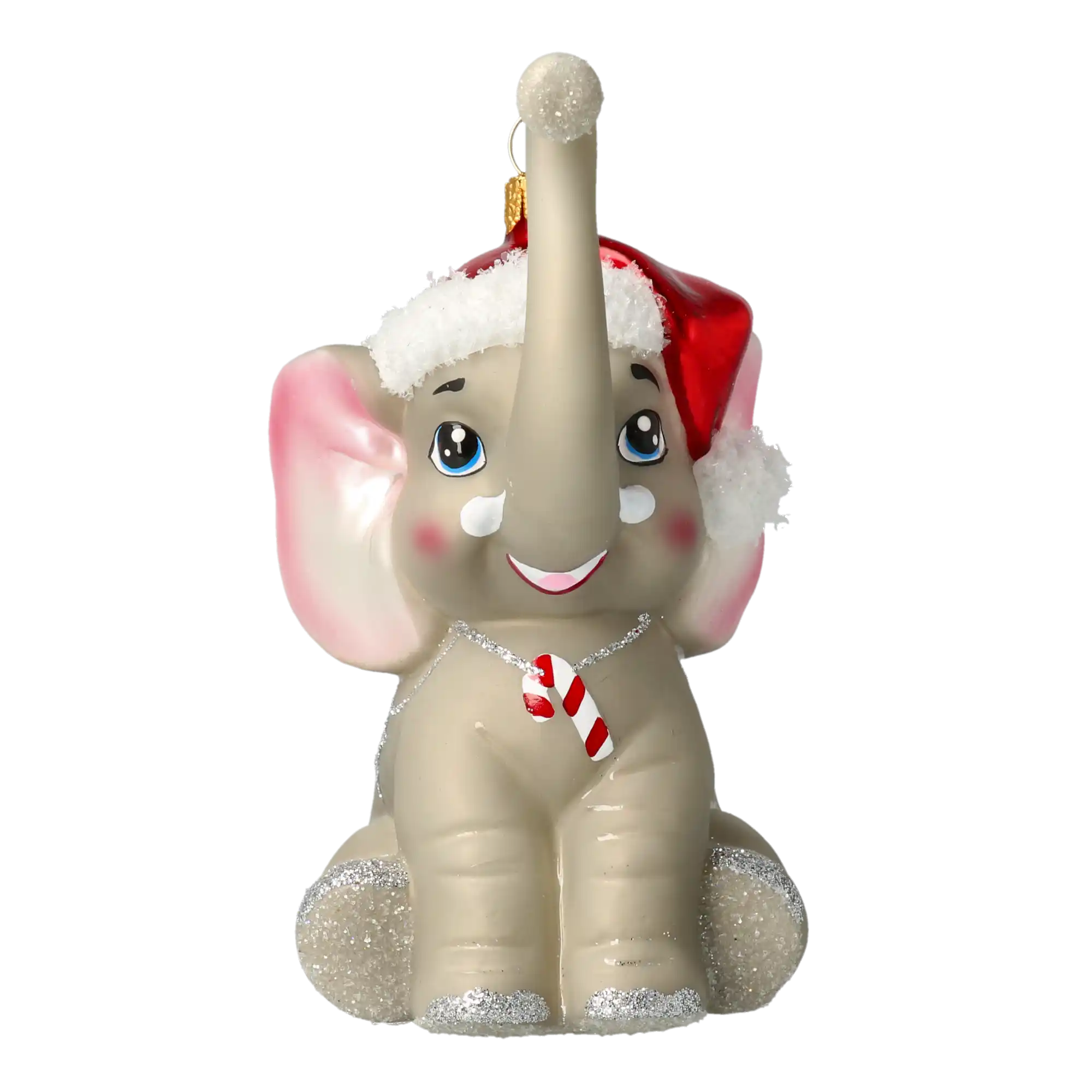 Słoń Mikołaj z laską cukrową Szklana Ozdoba Słonik