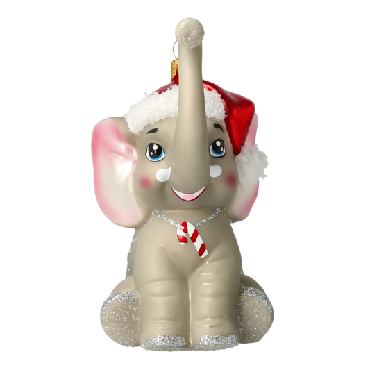 Słoń Mikołaj z laską cukrową Szklana Ozdoba Słonik