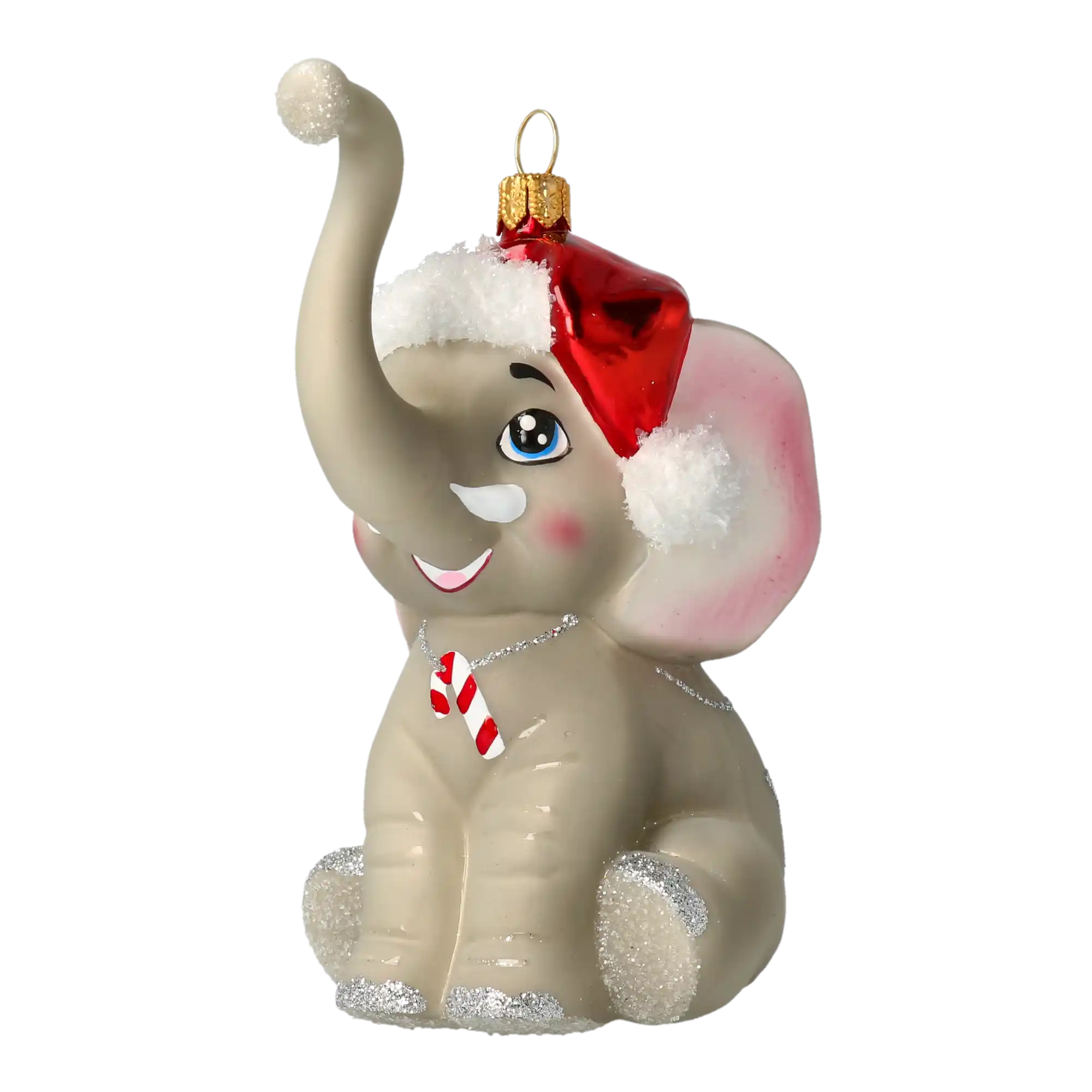 Słoń Mikołaj z laską cukrową Szklana Ozdoba Słonik