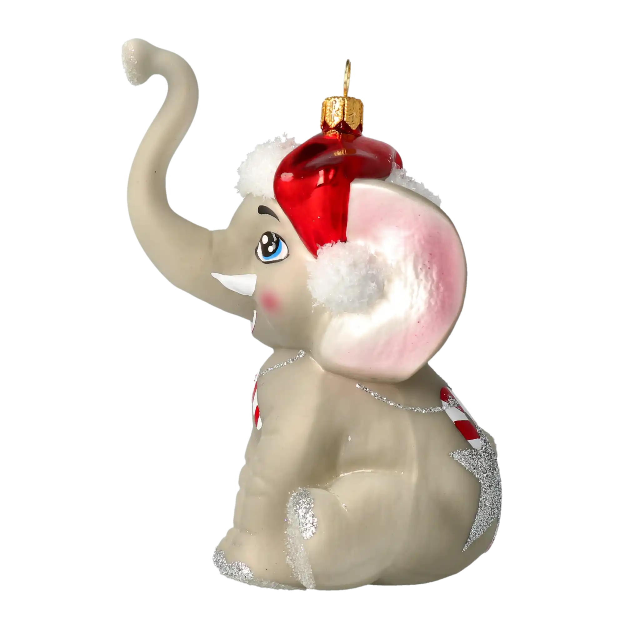 Słoń Mikołaj z laską cukrową Szklana Ozdoba Słonik