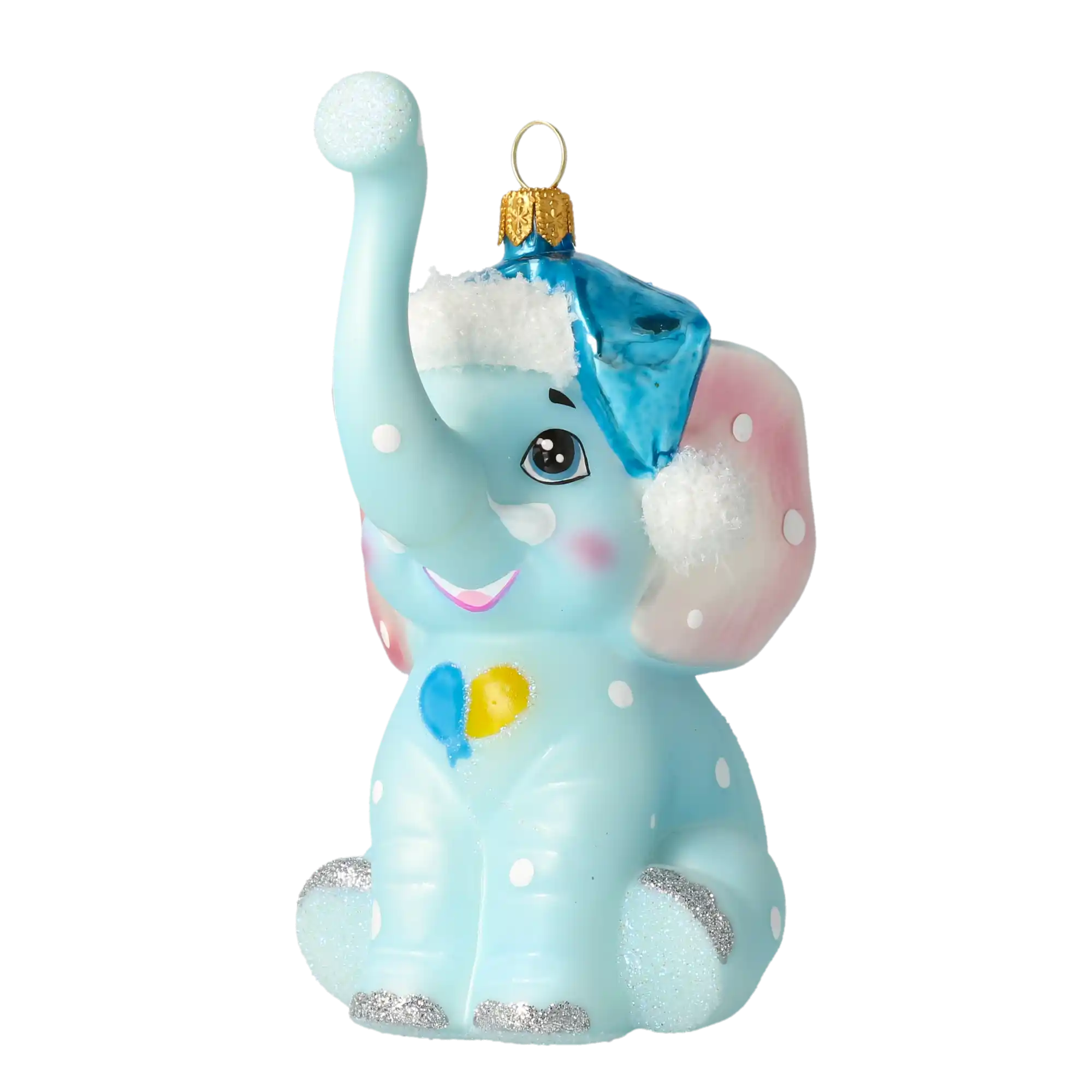 Słoń w niebieskiej czapce Mikołaja Szklana Ozdoba Pierwsze Święta