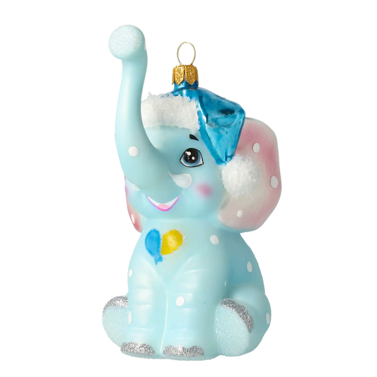 Słoń w niebieskiej czapce Mikołaja Szklana Ozdoba Pierwsze Święta