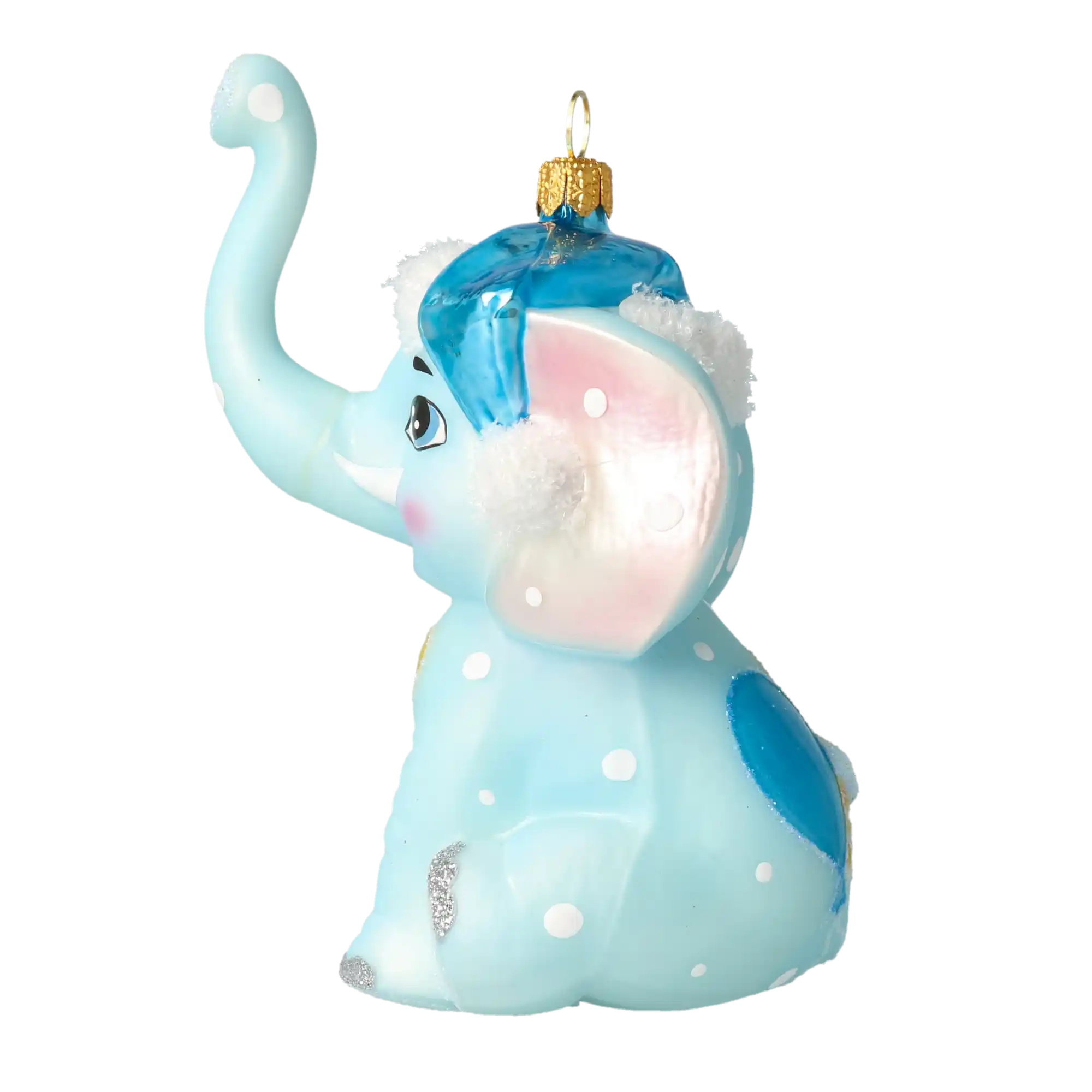 Słoń w niebieskiej czapce Mikołaja Szklana Ozdoba Pierwsze Święta