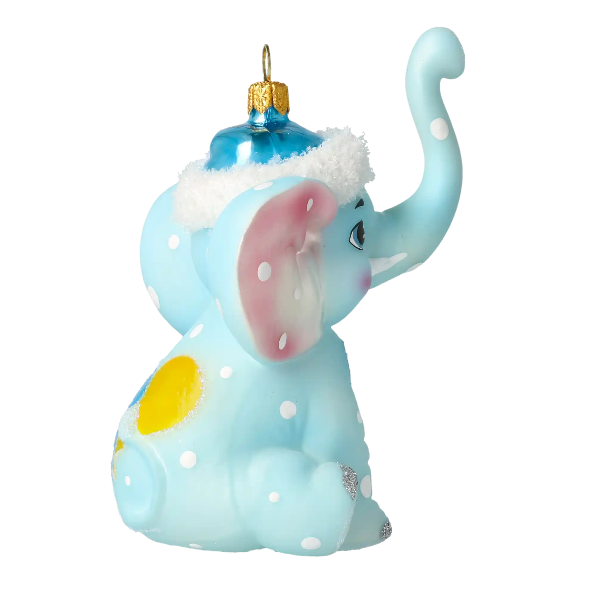 Słoń w niebieskiej czapce Mikołaja Szklana Ozdoba Pierwsze Święta