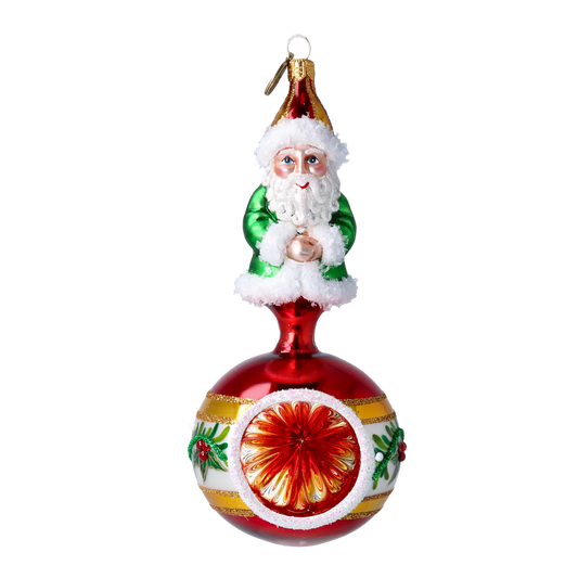 Glass Holly Flower Santa Claus on a reflector ball Handmade Glass Christmas ornament 2022-078