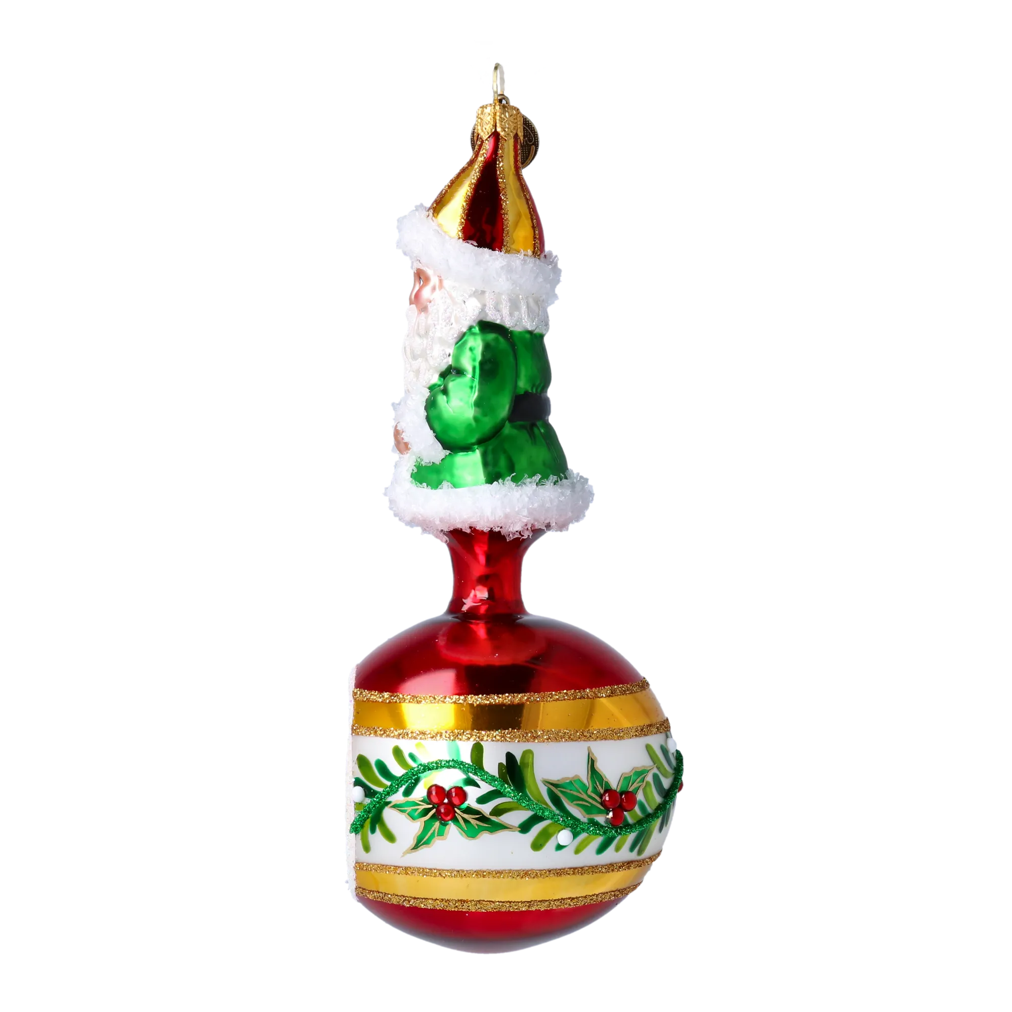 Glass Holly Flower Santa Claus on a reflector ball Handmade Glass Christmas ornament 2022-078