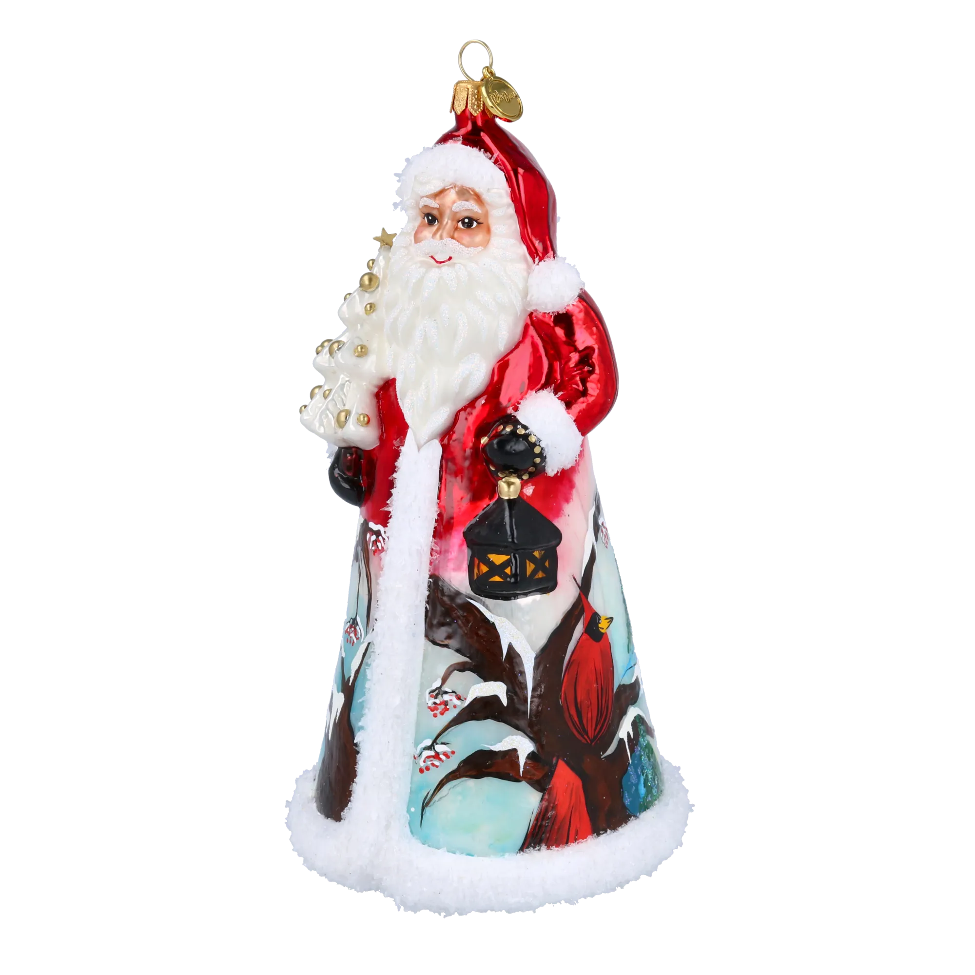 Santa with Cardinal and Village  Handmade Glass Christmas ornament 2022-083