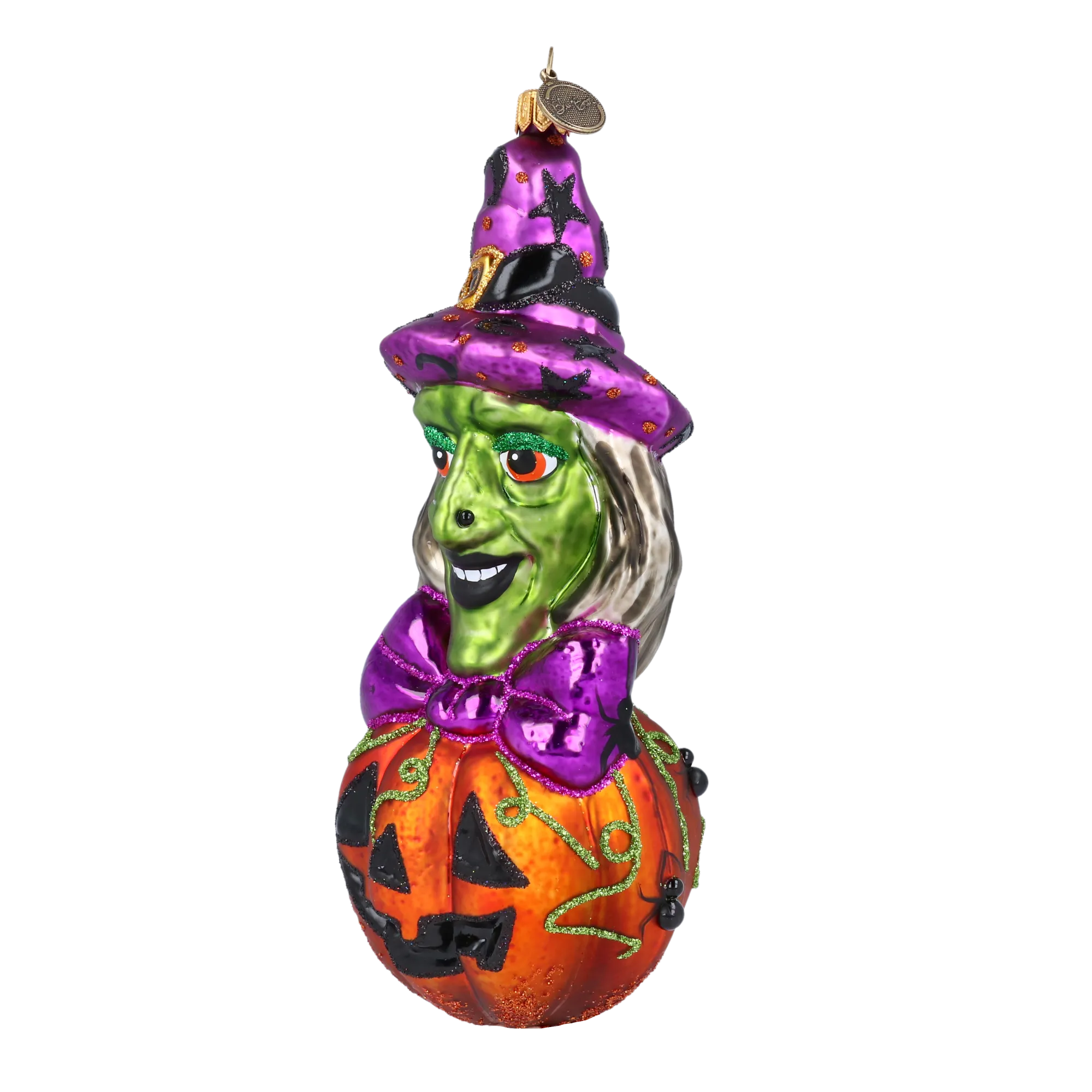 Witch on a Pumpkin. Handmade Glass Christmas ornament. 2022-115