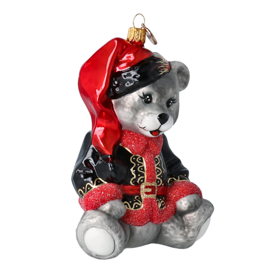 Festive Bear in a Holiday Hat Teddy Bear Handmade Glass Christmas ornament. 2022-373