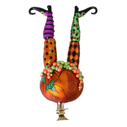 The Witch in the Pumpkin - Magic Legs. Handmade Glass Christmas ornament. 2022-406