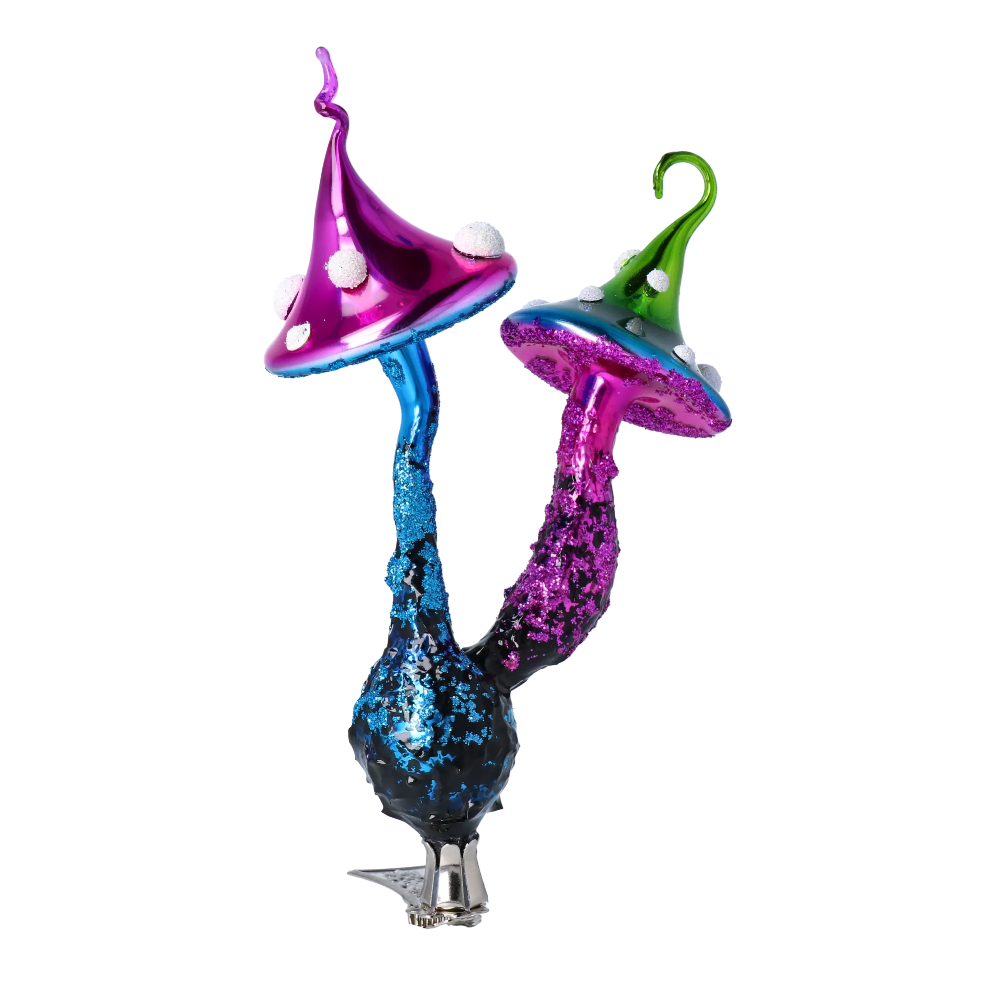 Mushrooms at a clip. Handmade Glass Christmas ornament. 2022-412