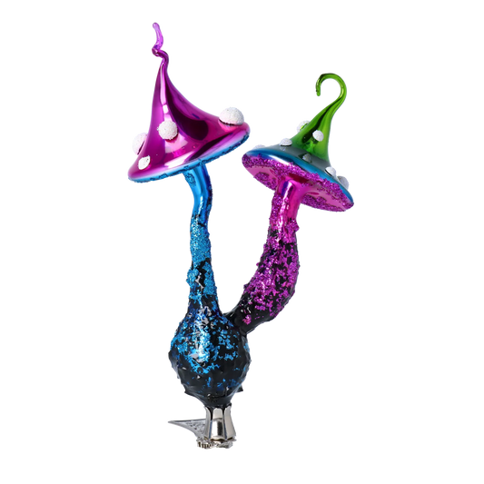 Mushrooms at a clip. Handmade Glass Christmas ornament. 2022-412