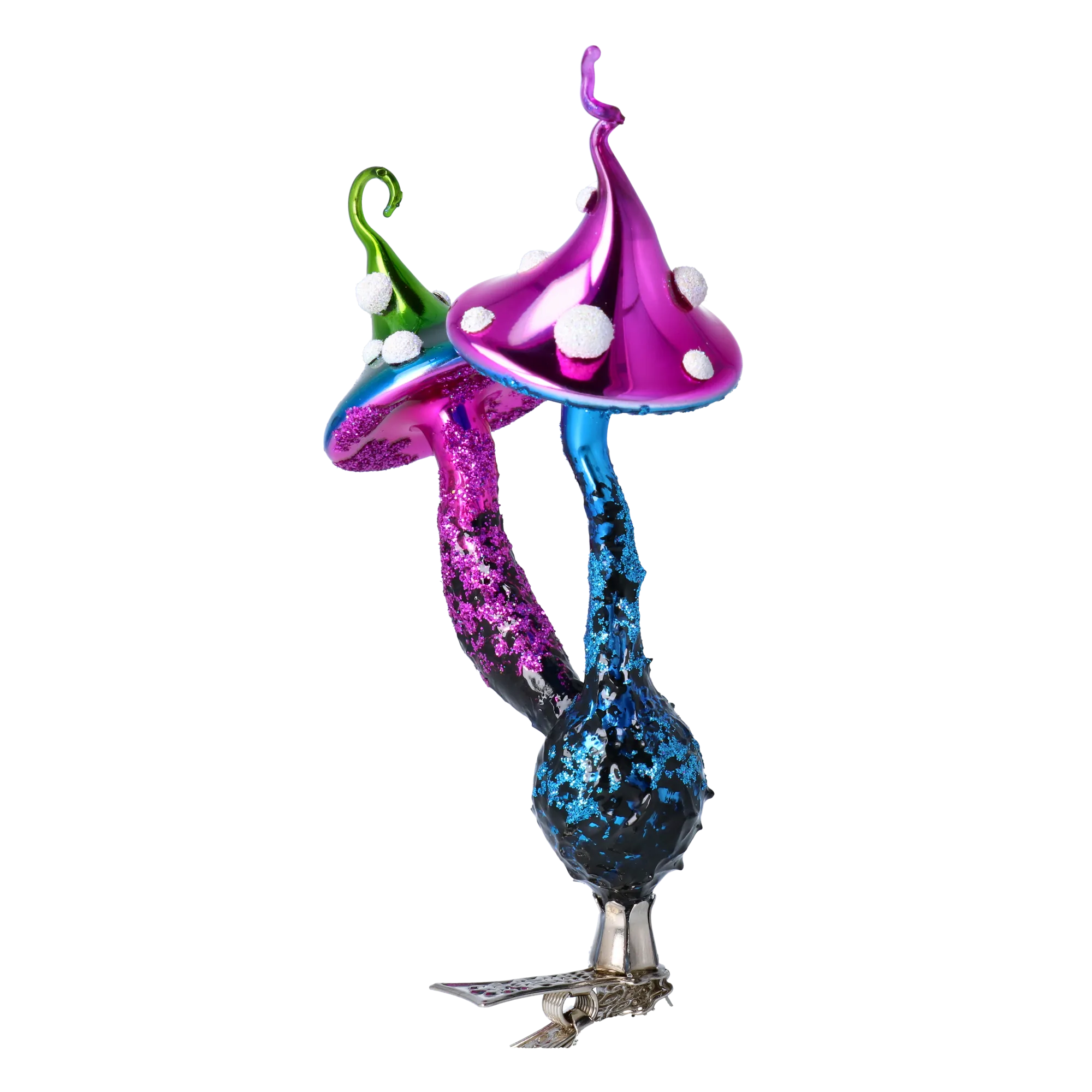 Mushrooms at a clip. Handmade Glass Christmas ornament. 2022-412
