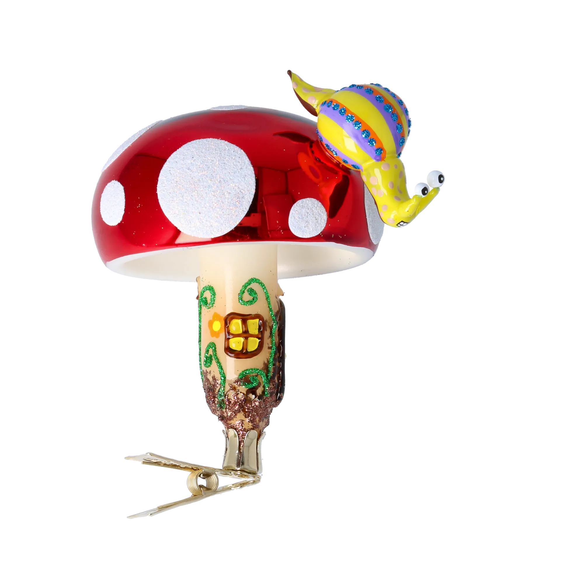 Mushroom house with snail. Handmade Glass Christmas ornament. 2022-414