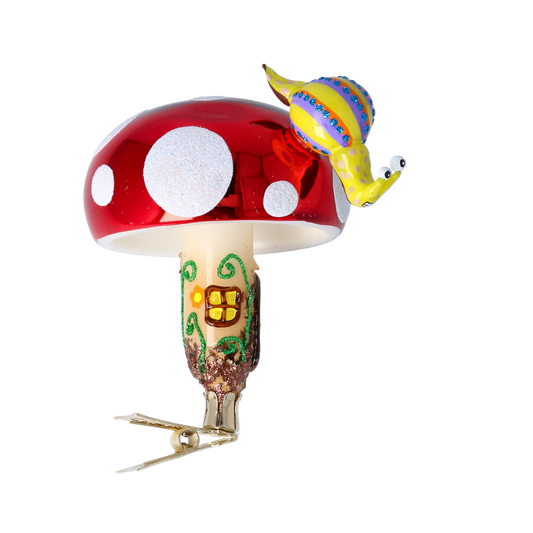 Mushroom house with snail. Handmade Glass Christmas ornament. 2022-414