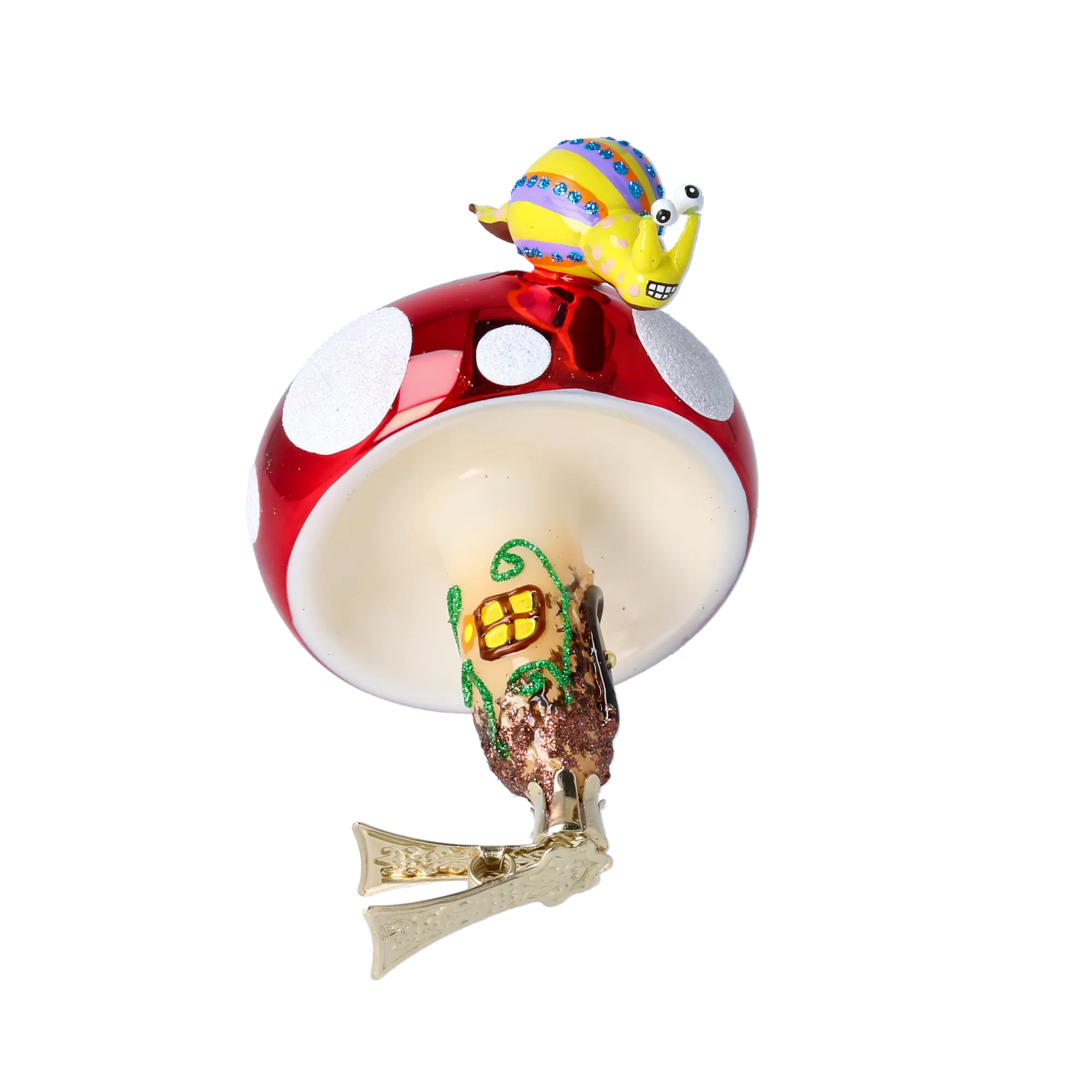 Mushroom house with snail. Handmade Glass Christmas ornament. 2022-414