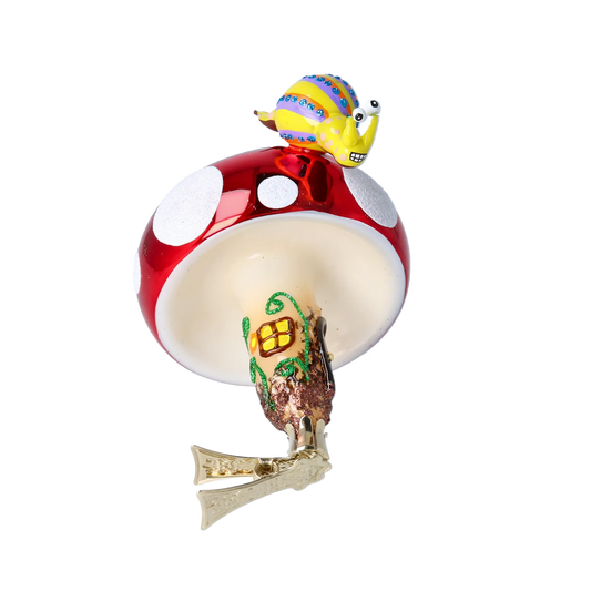 Mushroom house with snail. Handmade Glass Christmas ornament. 2022-414