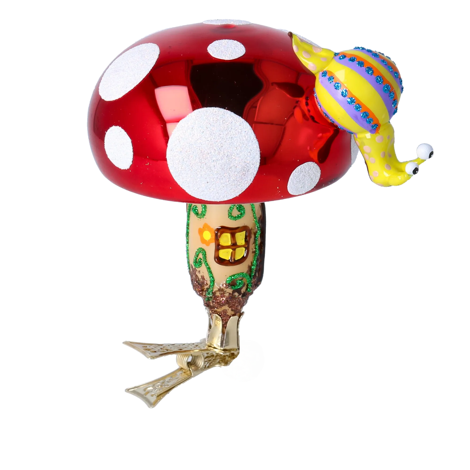 Mushroom house with snail. Handmade Glass Christmas ornament. 2022-414