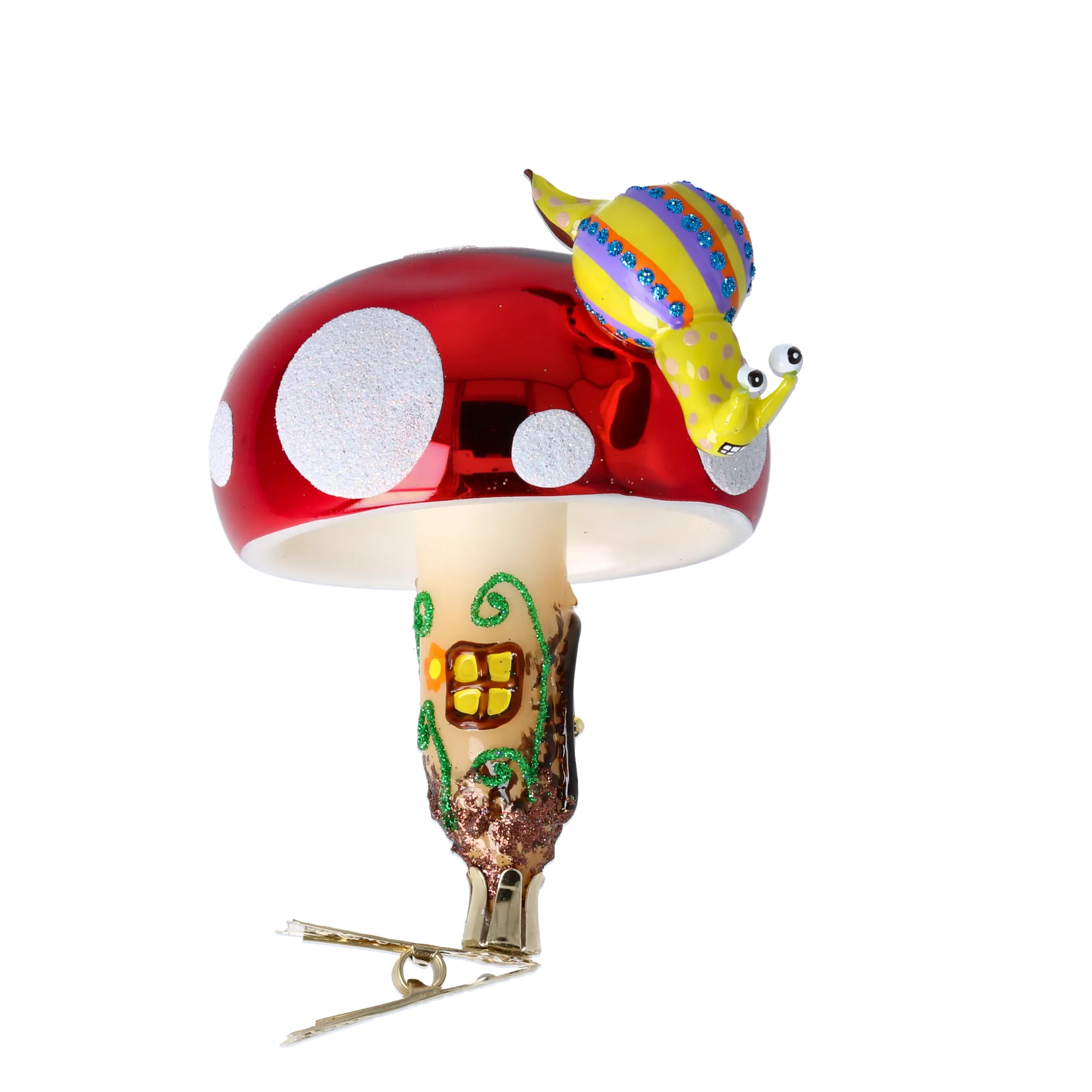 Mushroom house with snail. Handmade Glass Christmas ornament. 2022-414