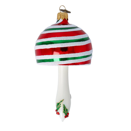 Candy Striped Holly Mushroom Premium christmas glass ornament 2022-514