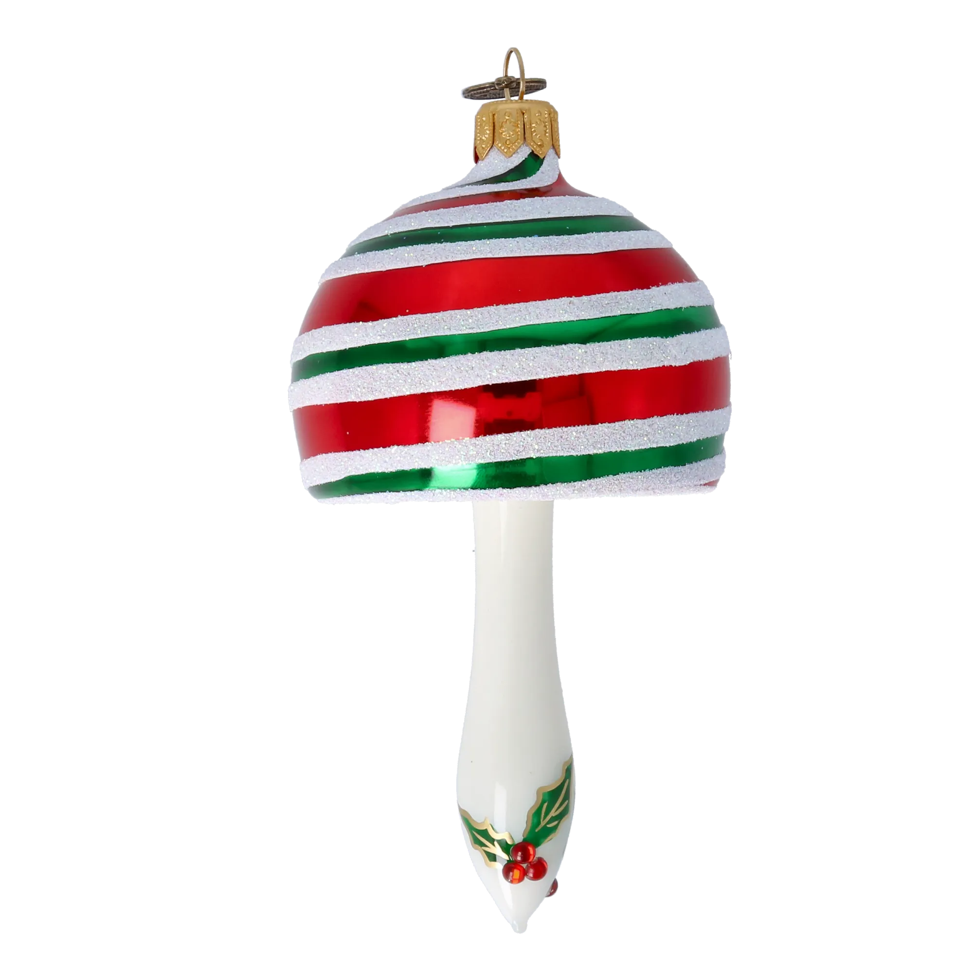 Candy Striped Holly Mushroom Premium christmas glass ornament 2022-514