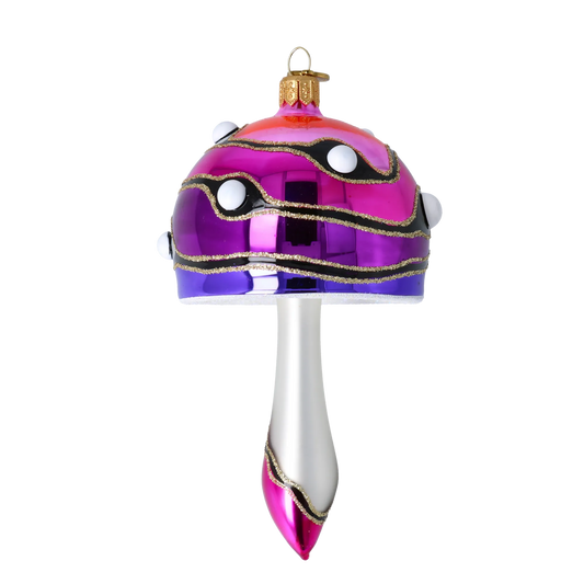 Mushroom-shaped bauble in shades of pink and purple. Handmade Glass Christmas ornament. 2022-588