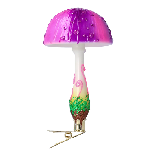 Forest Mushroom on a Clip. Handmade Glass Christmas ornament. 2022-683