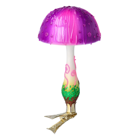 Forest Mushroom on a Clip. Handmade Glass Christmas ornament. 2022-683
