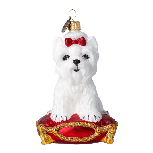 Maltańczyk na poduszce Szklana Ozdoba Pies