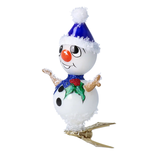 Bałwanek z Krainy Zimy Na Klipsie Granatowy Szklana Ozdoba