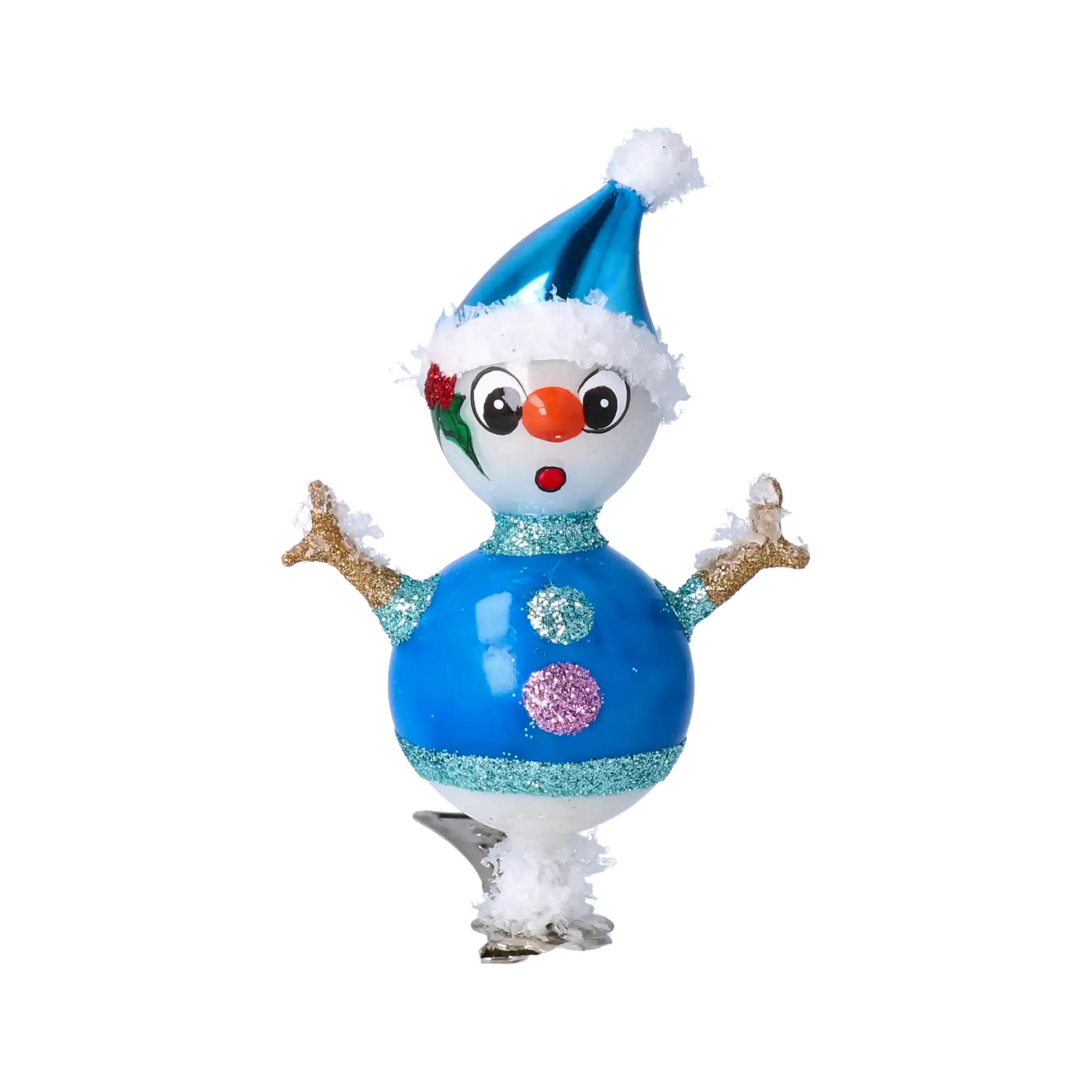 Stylowy Bałwanek Na Klipsie Niebieski Bałwan Szklana Ozdoba