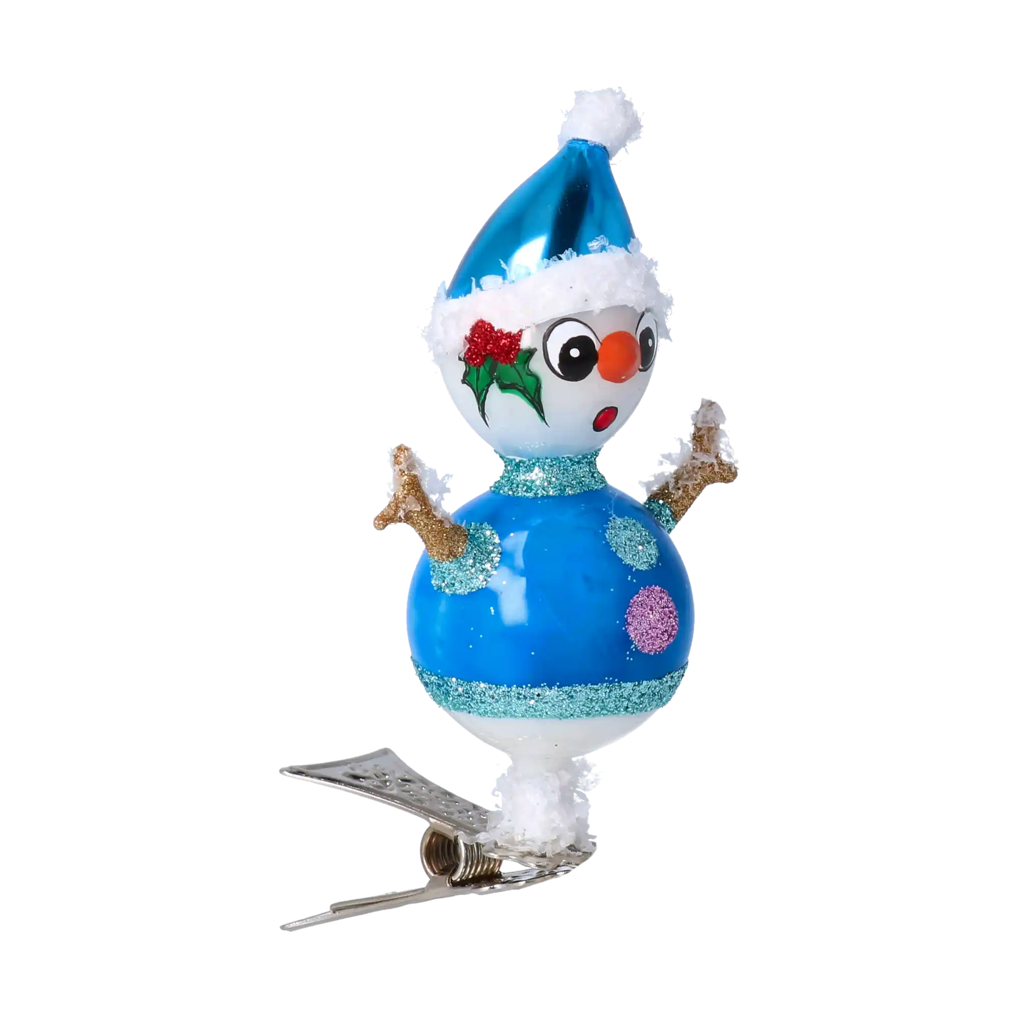 Stylowy Bałwanek Na Klipsie Niebieski Bałwan Szklana Ozdoba