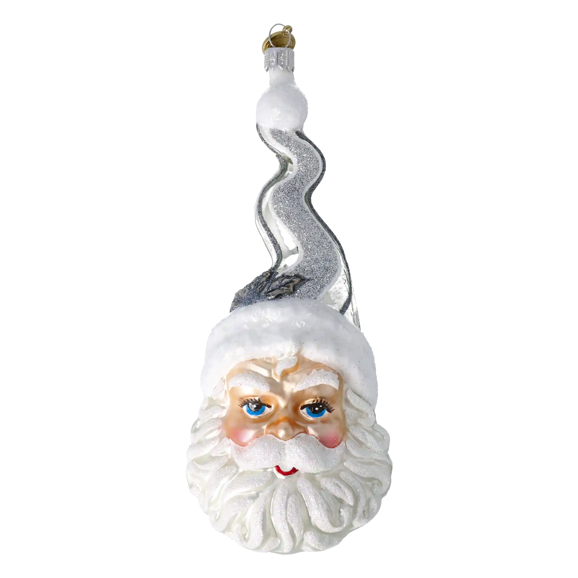 Srebrny Mikołaj W Kręconej Czapce Dziadek Mróz Szklana Ozdoba